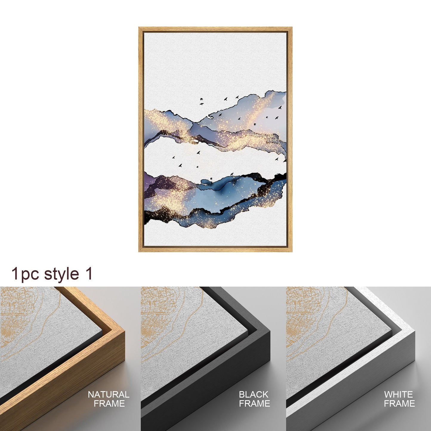 Framed Canvas Print Wall Art Set of 3 Blue Gold Abstract Smoke Wave Modern Art Minimalist Decor