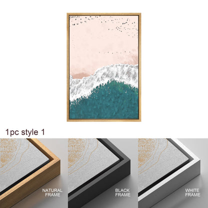 Framed Canvas Print Wall Art Set of 3 Green Nautical Beach Ocean Wave Photography Modern Art Minimalist Decor