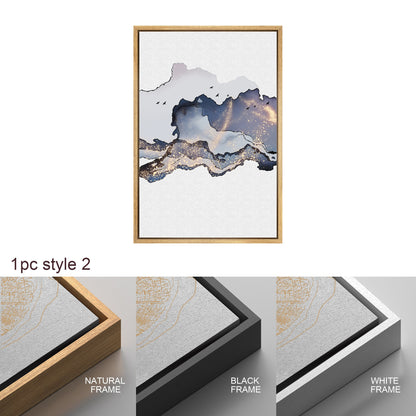 Framed Canvas Print Wall Art Set of 3 Blue Gold Abstract Smoke Wave Modern Art Minimalist Decor