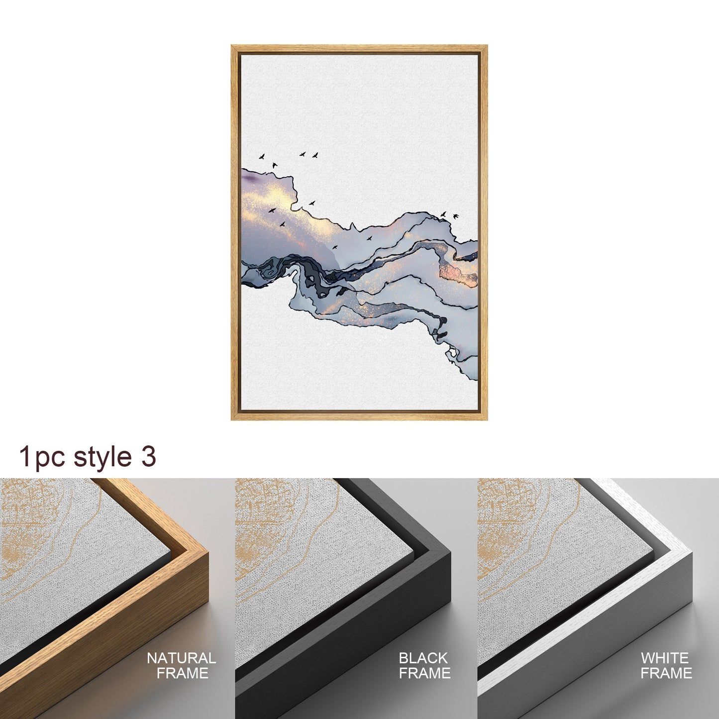 Framed Canvas Print Wall Art Set of 3 Blue Gold Abstract Smoke Wave Modern Art Minimalist Decor