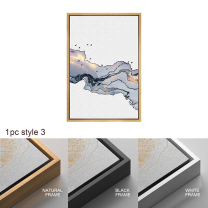 Framed Canvas Print Wall Art Set of 3 Blue Gold Abstract Smoke Wave Modern Art Minimalist Decor