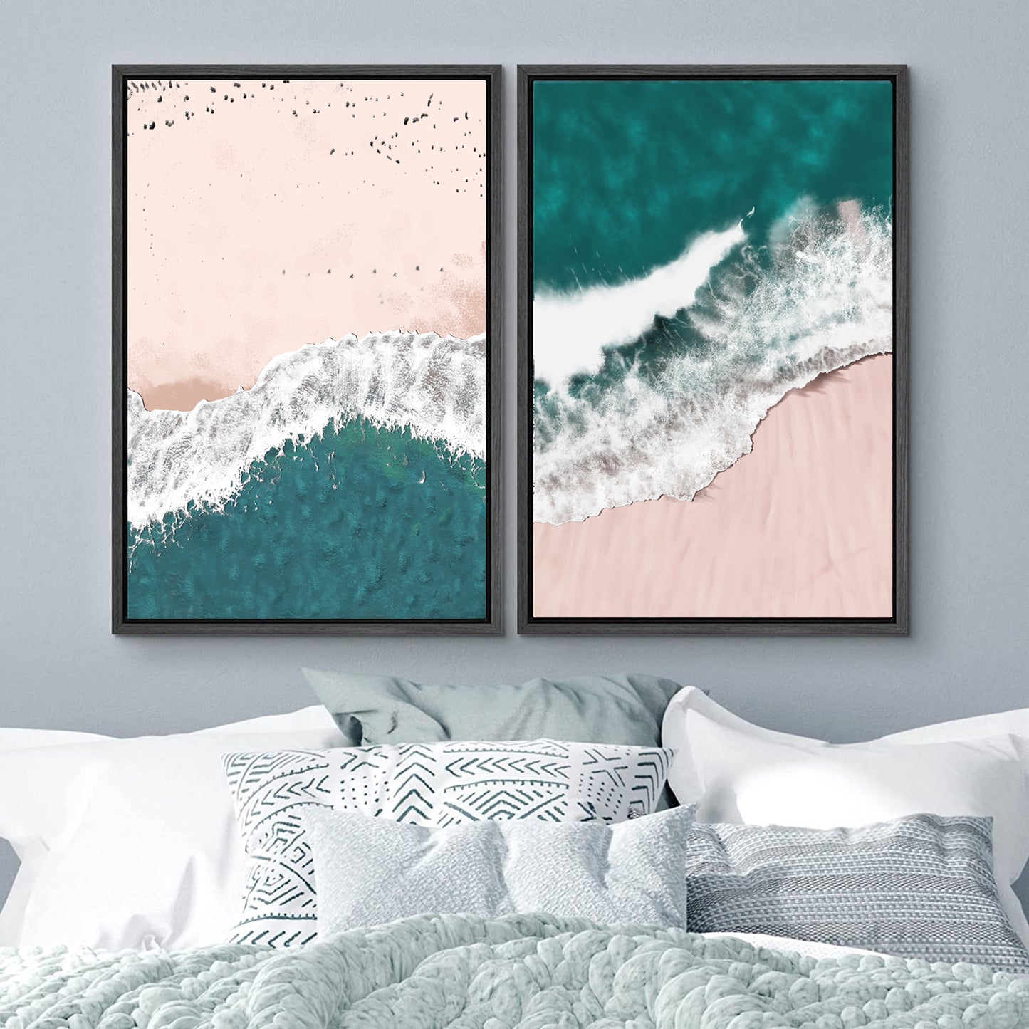 Framed Canvas Print Wall Art Set of 3 Green Nautical Beach Ocean Wave Photography Modern Art Minimalist Decor