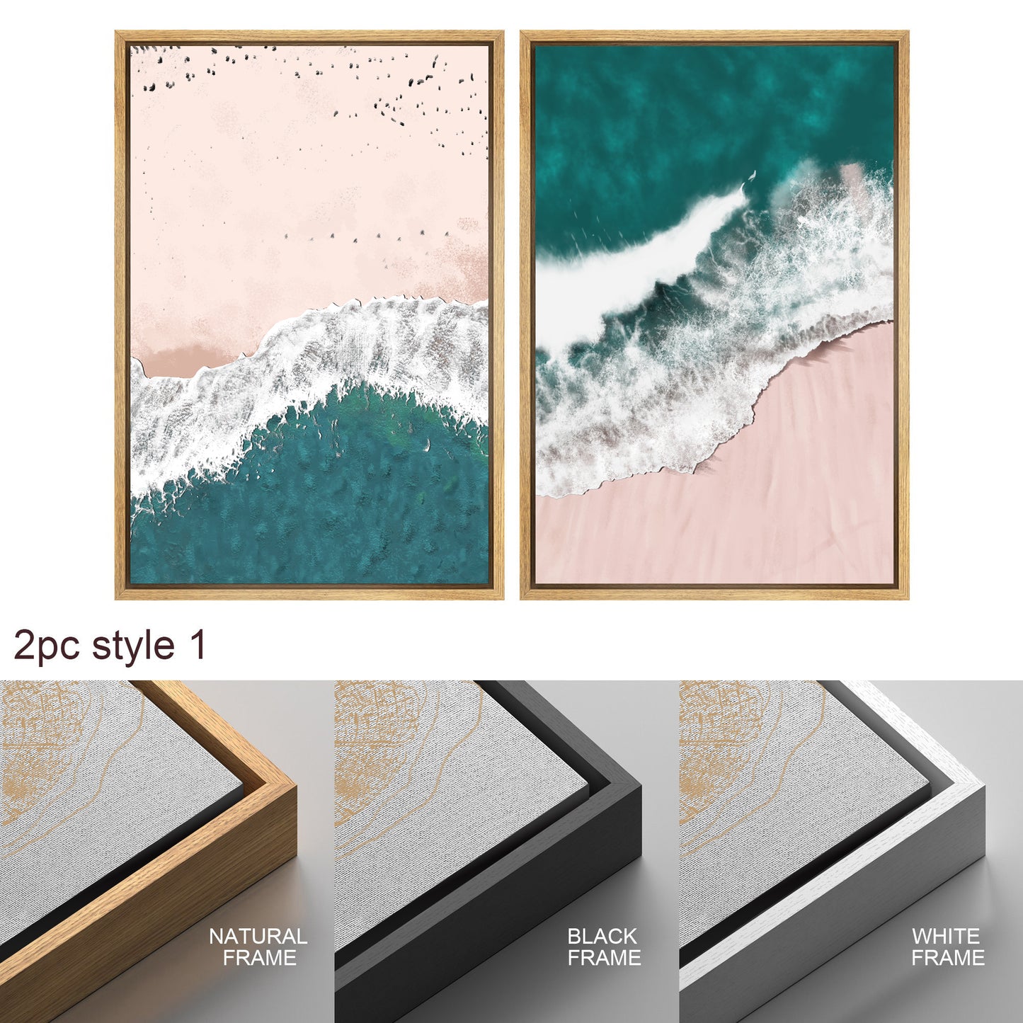 Framed Canvas Print Wall Art Set of 3 Green Nautical Beach Ocean Wave Photography Modern Art Minimalist Decor