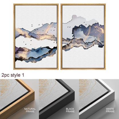 Framed Canvas Print Wall Art Set of 3 Blue Gold Abstract Smoke Wave Modern Art Minimalist Decor