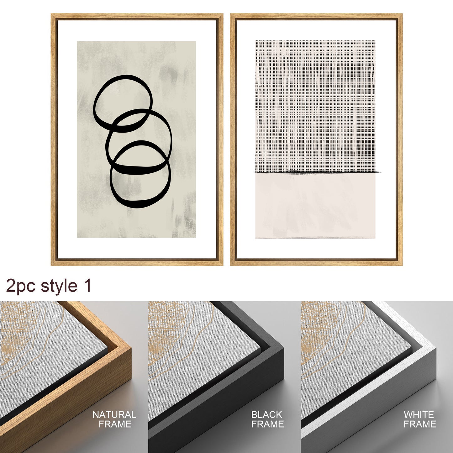 Framed Canvas Print Wall Art Set Geometric Ring Grid Abstract Illustrations Modern Art Minimalist Neutral Decor