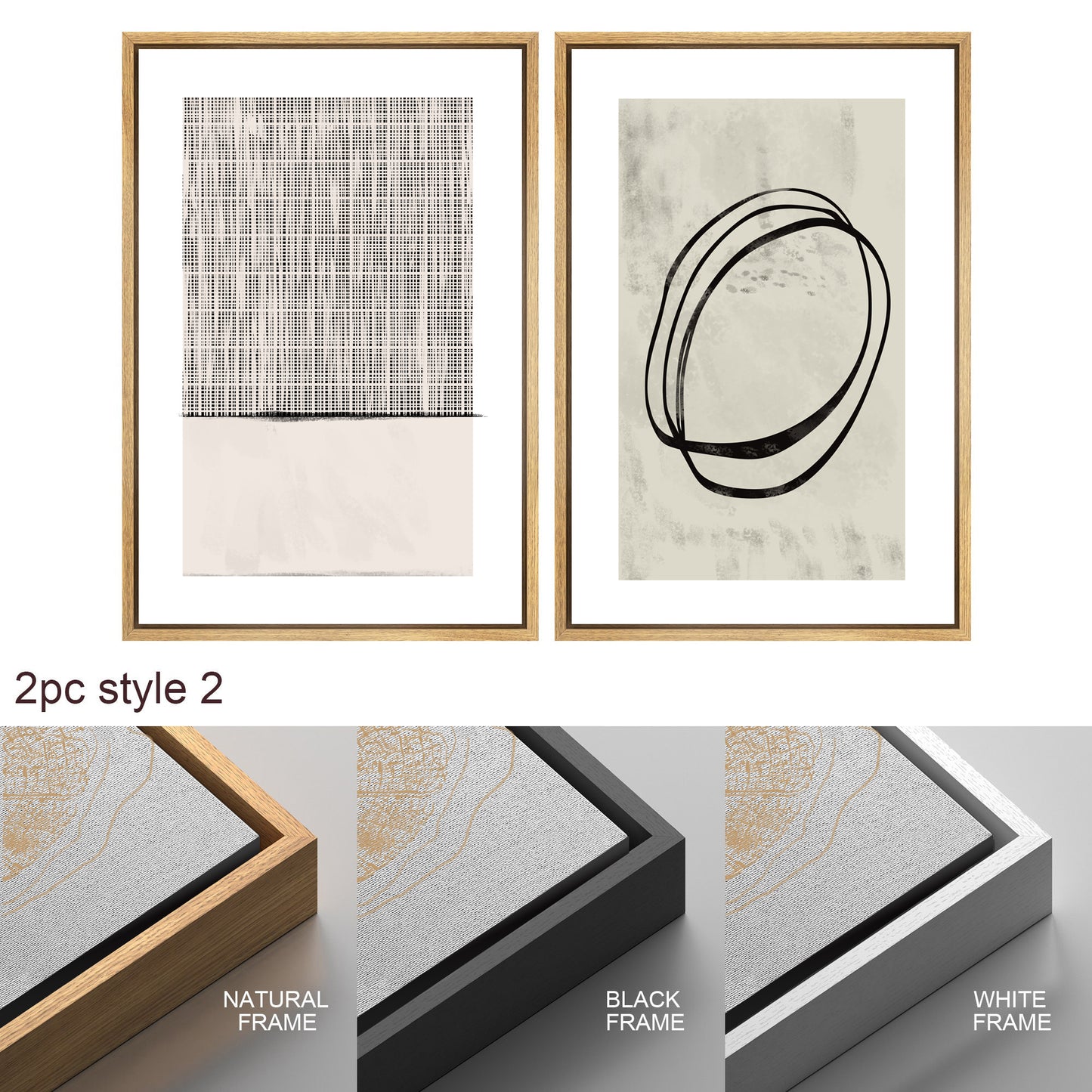 Framed Canvas Print Wall Art Set Geometric Ring Grid Abstract Illustrations Modern Art Minimalist Neutral Decor