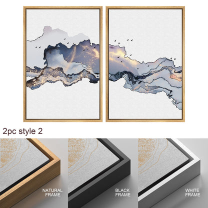 Framed Canvas Print Wall Art Set of 3 Blue Gold Abstract Smoke Wave Modern Art Minimalist Decor