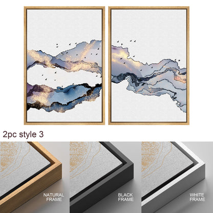 Framed Canvas Print Wall Art Set of 3 Blue Gold Abstract Smoke Wave Modern Art Minimalist Decor