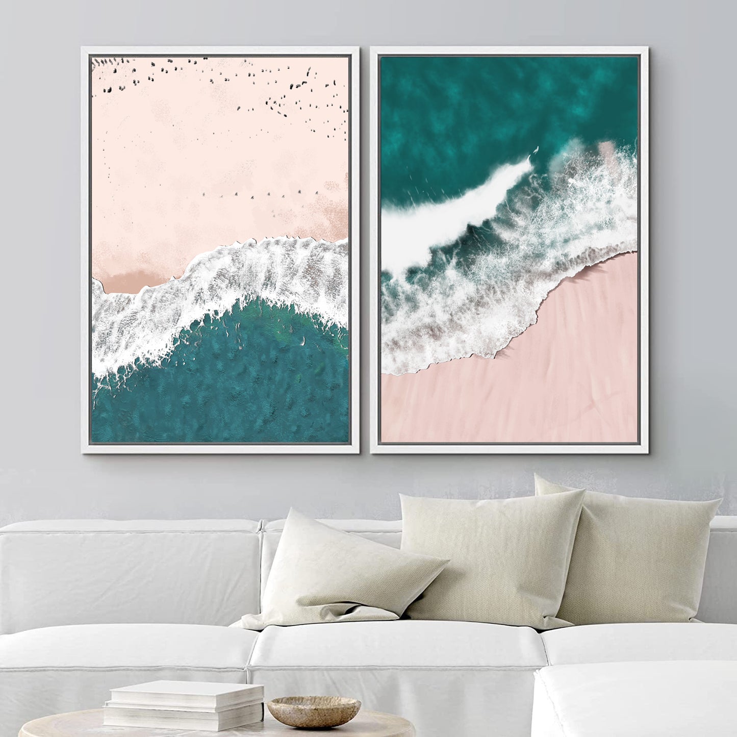 Framed Canvas Print Wall Art Set of 3 Green Nautical Beach Ocean Wave Photography Modern Art Minimalist Decor