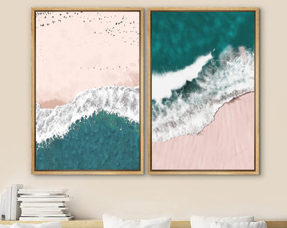 Framed Canvas Print Wall Art Set of 3 Green Nautical Beach Ocean Wave Photography Modern Art Minimalist Decor