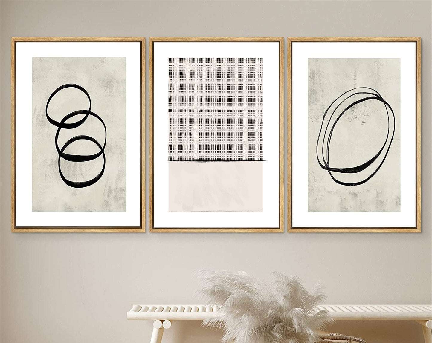 Framed Canvas Print Wall Art Set Geometric Ring Grid Abstract Illustrations Modern Art Minimalist Neutral Decor