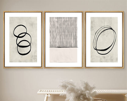 Framed Canvas Print Wall Art Set Geometric Ring Grid Abstract Illustrations Modern Art Minimalist Neutral Decor