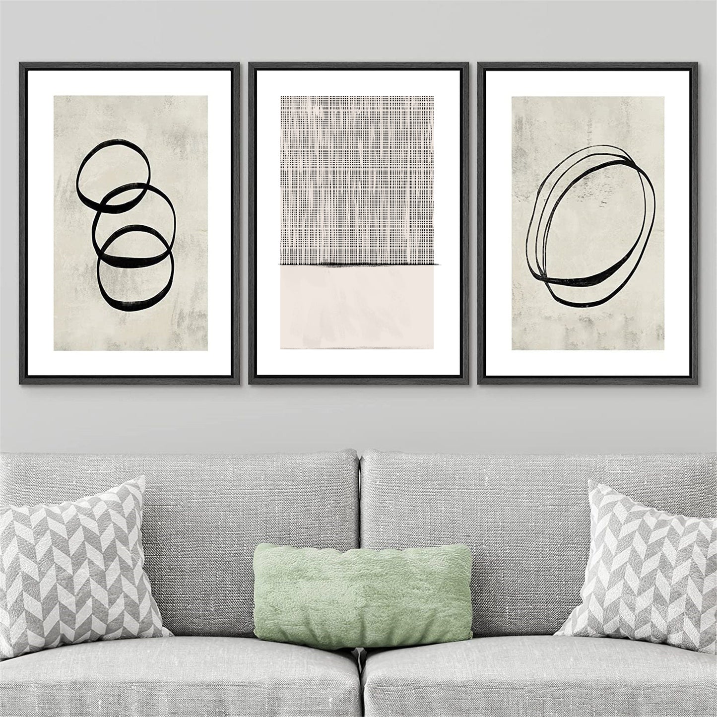 Framed Canvas Print Wall Art Set Geometric Ring Grid Abstract Illustrations Modern Art Minimalist Neutral Decor