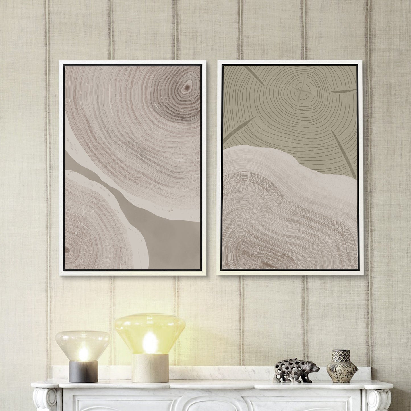 Framed Canvas Print Wall Art Set of 2 Pastel Grunge Wood Tree Rings Abstract Illustrations Minimalist Modern Art Boho Decor