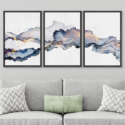 Framed Canvas Print Wall Art Set of 3 Blue Gold Abstract Smoke Wave Modern Art Minimalist Decor