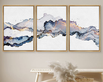 Framed Canvas Print Wall Art Set of 3 Blue Gold Abstract Smoke Wave Modern Art Minimalist Decor