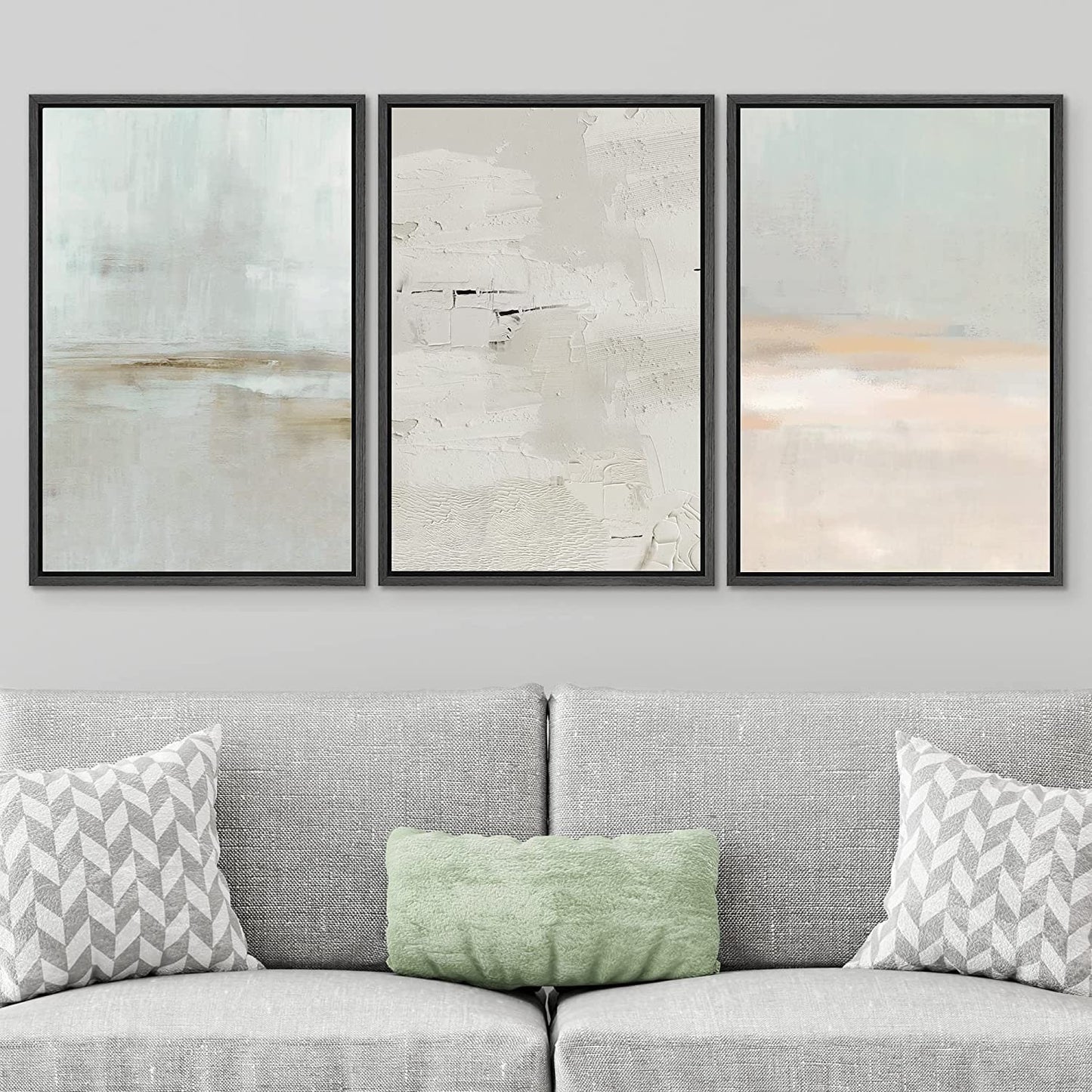 Framed Canvas Print Wall Art Set Teal Beige Gray Pastel Abstract Painting Modern Art Minimalist Decor