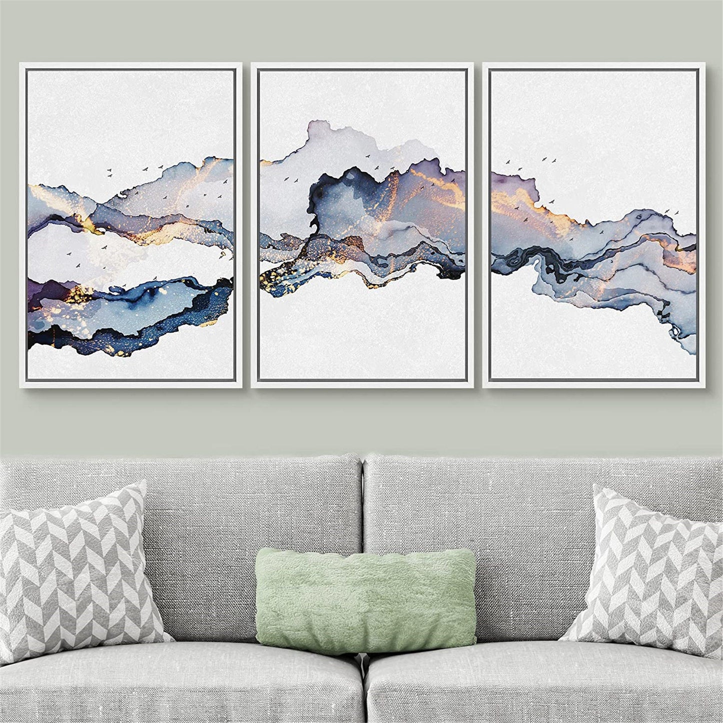 Framed Canvas Print Wall Art Set of 3 Blue Gold Abstract Smoke Wave Modern Art Minimalist Decor