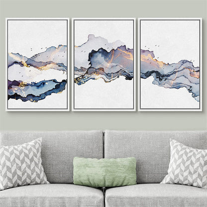 Framed Canvas Print Wall Art Set of 3 Blue Gold Abstract Smoke Wave Modern Art Minimalist Decor