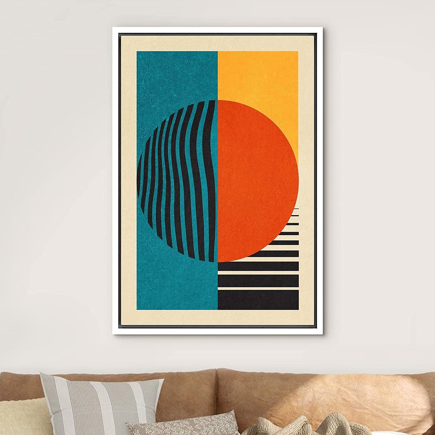 Framed Canvas Print Wall Art Bauhaus Sun and Waves Abstract Illustration Mid Century Modern Wall Art Minimalist Decor