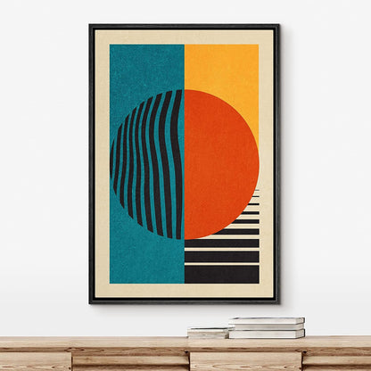 Framed Canvas Print Wall Art Bauhaus Sun and Waves Abstract Illustration Mid Century Modern Wall Art Minimalist Decor