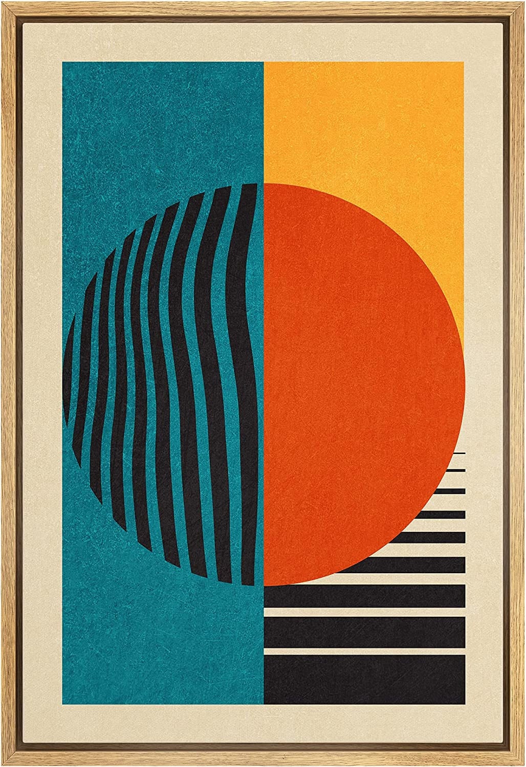 Framed Canvas Print Wall Art Bauhaus Sun and Waves Abstract Illustration Mid Century Modern Wall Art Minimalist Decor