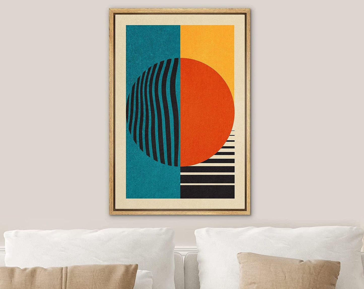 Framed Canvas Print Wall Art Bauhaus Sun and Waves Abstract Illustration Mid Century Modern Wall Art Minimalist Decor