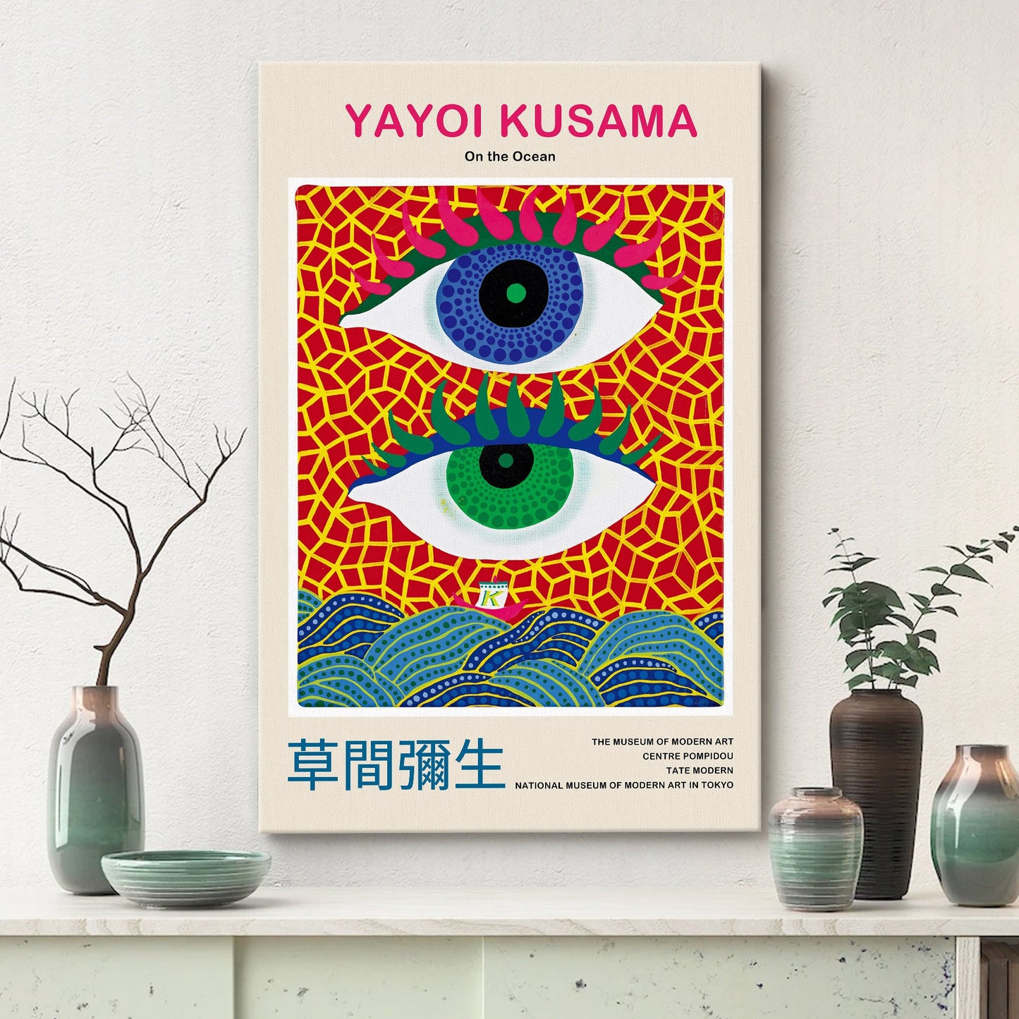 Framed Canvas Print Wall Art On The Ocean by Yayoi Kusama Japanese Modern Art Minimalist Decor